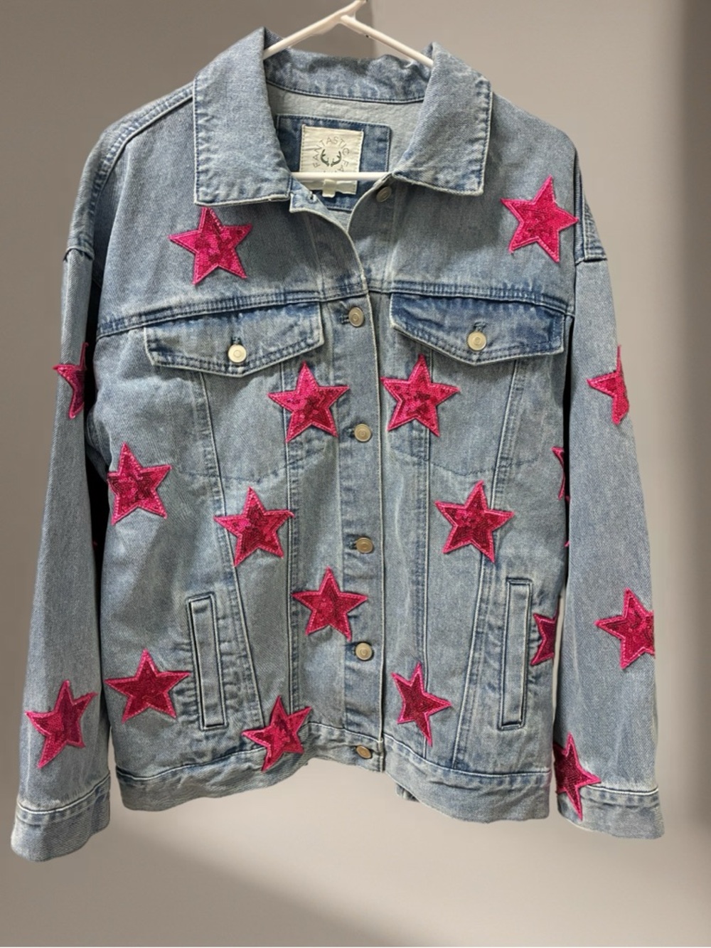 Fantastic Fawn Sequin Light Blue Denim Shacket with Pink Star Patches Size Small